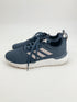 Adidas Blue Logo Pre-Owned Ladies Sneakers - Size 9.5 with white soles and mesh upper, side view showing iconic three-stripe branding.