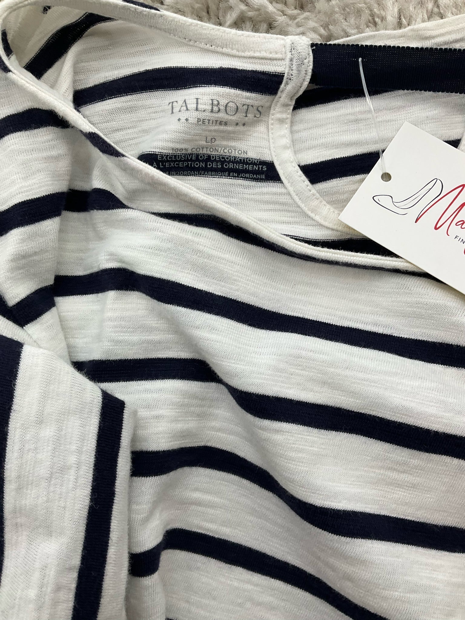 Talbots white and navy stripe boatneck top in size large petite, featuring a classic Breton nautical design.