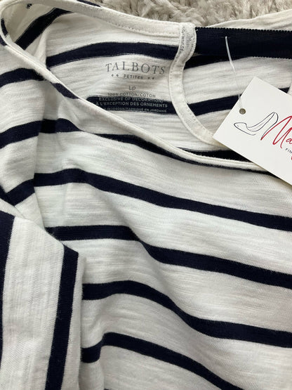 Talbots white and navy stripe boatneck top in size large petite, featuring a classic Breton nautical design.