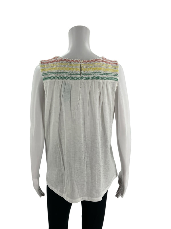 Back view of Loft white multi top medium petite showing smocked rainbow stitching and pleated detail. Pre-owned women’s casual blouse.