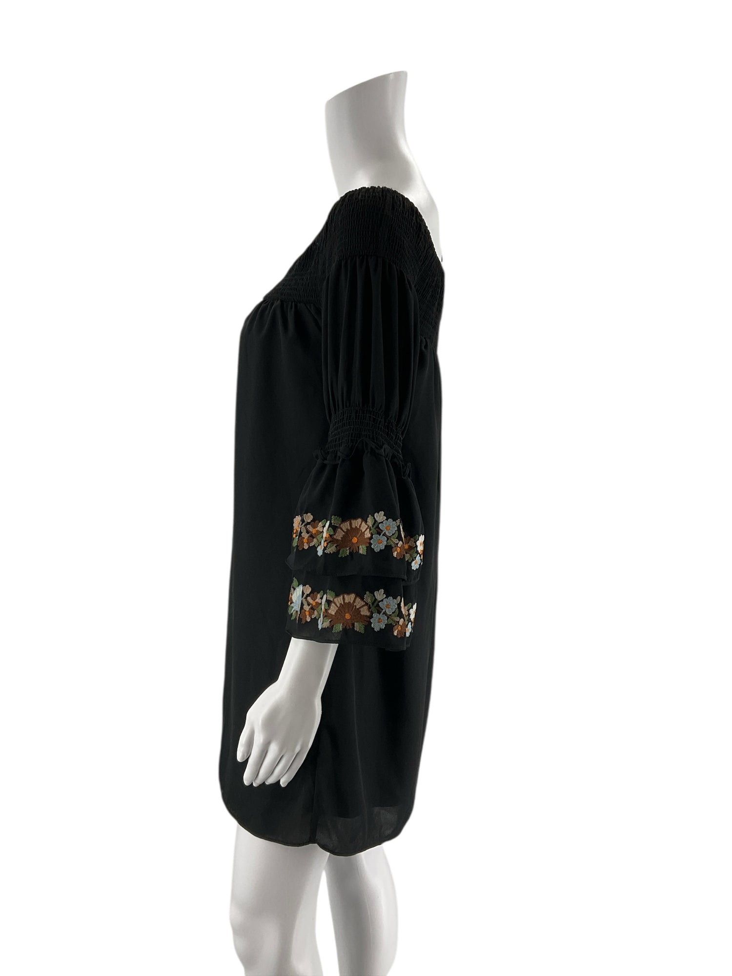 VaVa by Joy Han Black Boho Black Floral Embroidered Off-Shoulder Boho Mini Dress XS - Size XS