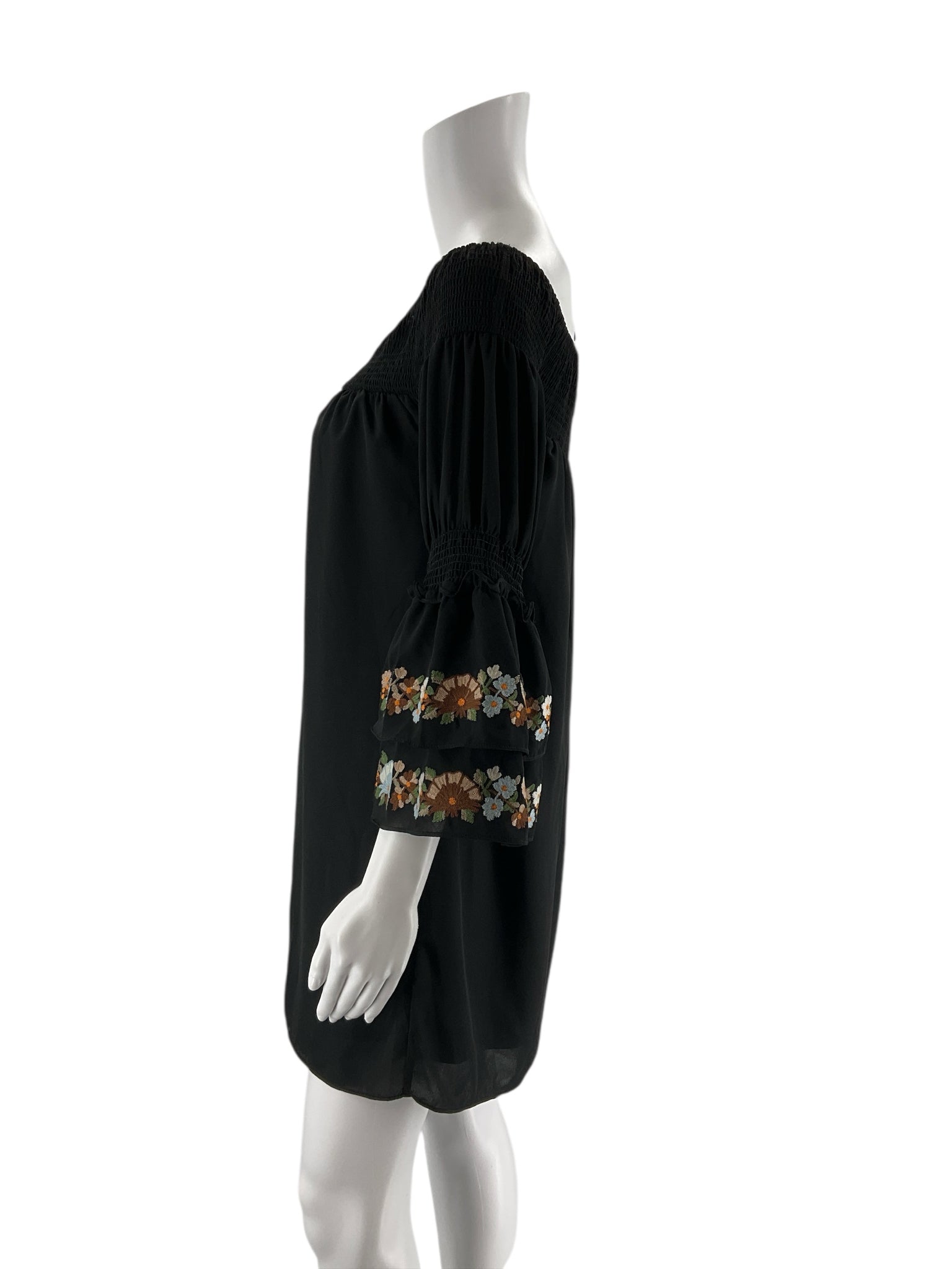 VaVa by Joy Han Black Boho Black Floral Embroidered Off-Shoulder Boho Mini Dress XS - Size XS