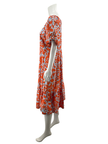 Talbots Floral Scroll Tiered Popover Dress Blue Orange Size 14