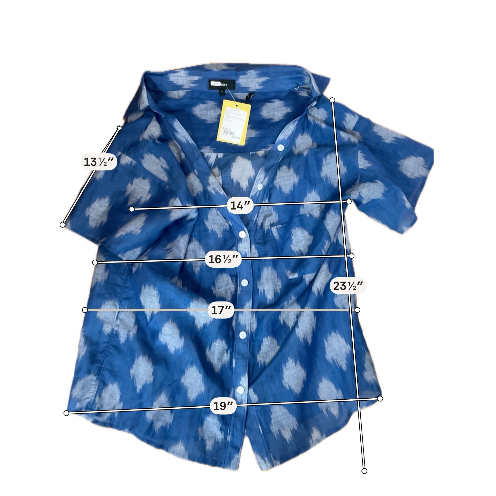 Theory Tamalee Ikat Print Cotton Silk Blouse Blue White Top Size Small