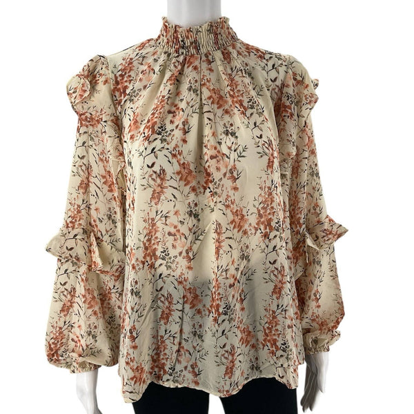 Petal + Pup Cream/Orange Floral Top - Size Small with ruffled long sleeves and smocked high neckline, pre-owned casual wear.