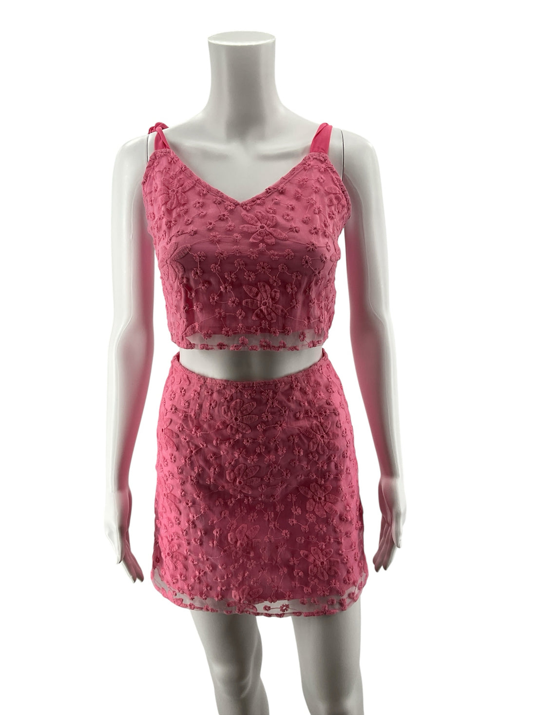 mi ami Pink Floral Embroidered Mesh Two-Piece Skirt Set | Size XS