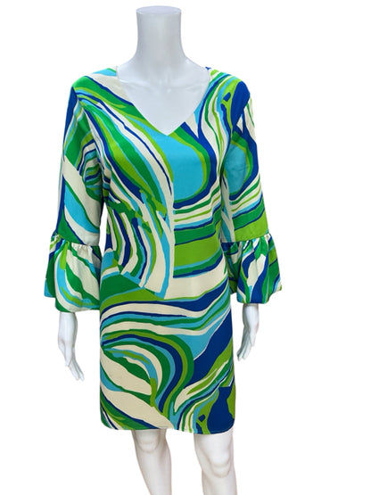 Julie Brown NYC green/blue/white Shift Swirl Print V-Neck Bell Sleeve Shift Dress Size 8 NWT - Size 8
