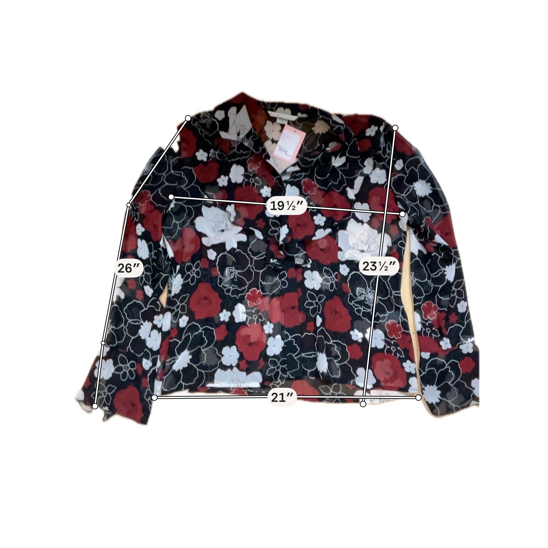 Peter Nygård Red &amp; Black Floral 100% Silk Sheer Button-Down Blouse | Size 16