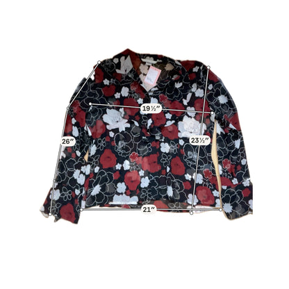 Peter Nygård Red &amp; Black Floral 100% Silk Sheer Button-Down Blouse | Size 16