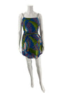 Farm Blue/Green Tropical Dress - Size Small with vibrant island print, adjustable spaghetti straps, and belted waist, available at Margaret's.