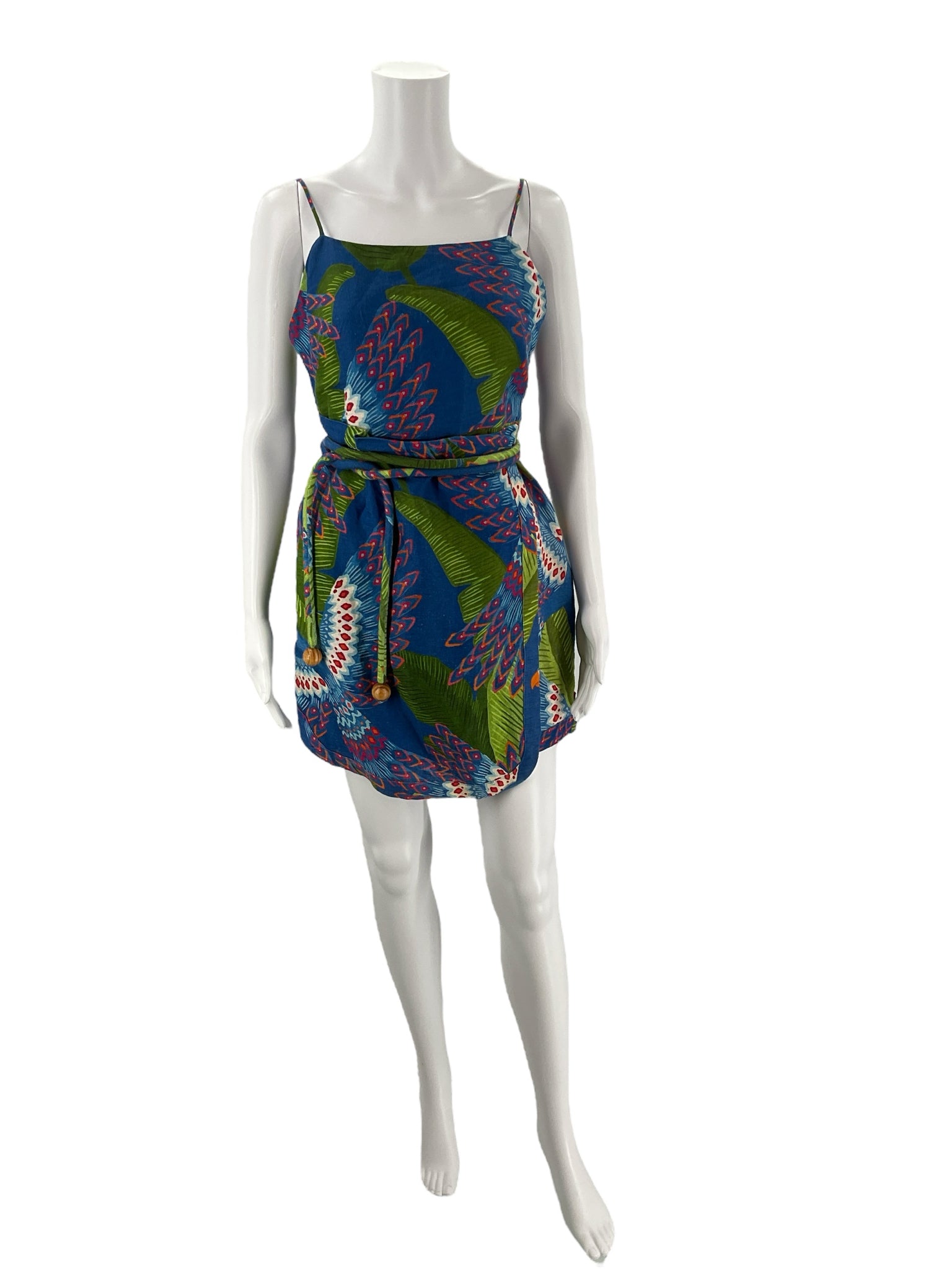 Farm Blue/Green Tropical Dress - Size Small with vibrant island print, adjustable spaghetti straps, and belted waist, available at Margaret's.