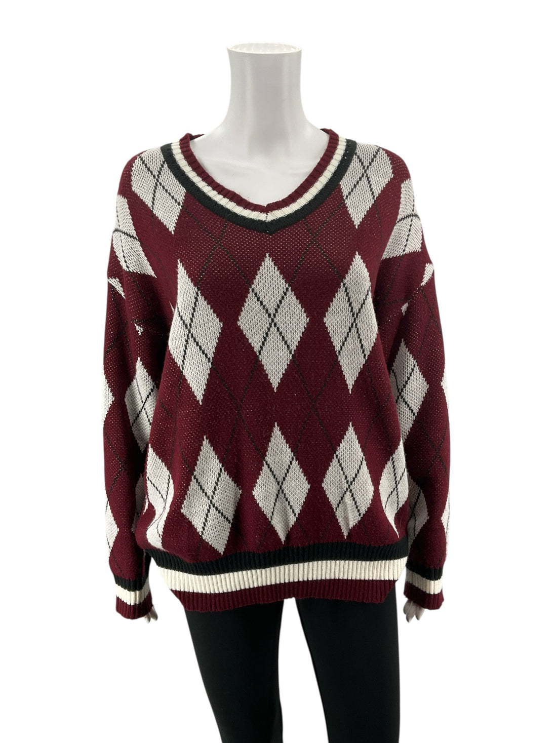 Dazy Argyle V-Neck Sweater Maroon Cream Preppy Collegiate Knit Pullover Medium