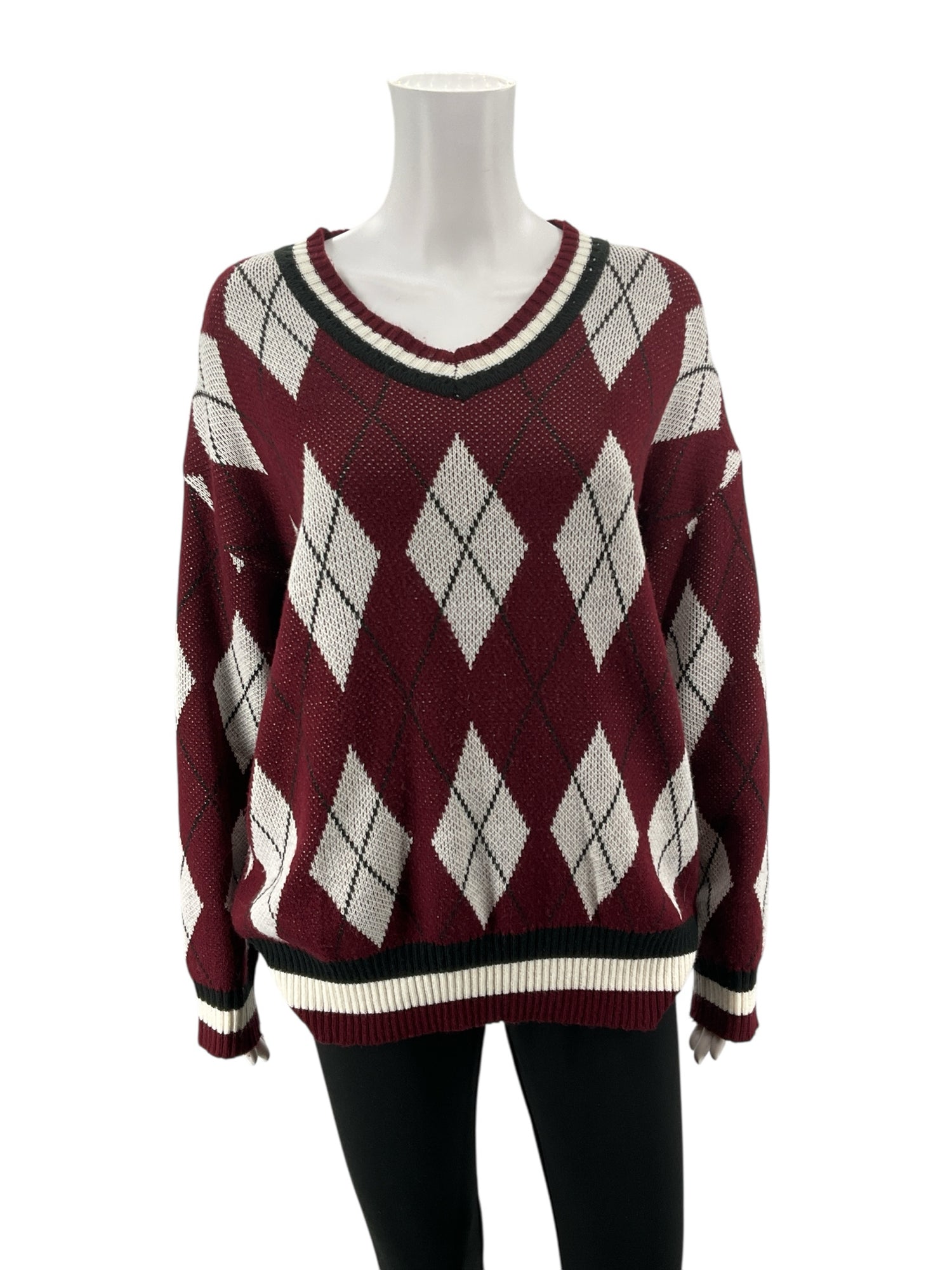 Dazy Argyle V-Neck Sweater Maroon Cream Preppy Collegiate Knit Pullover Medium