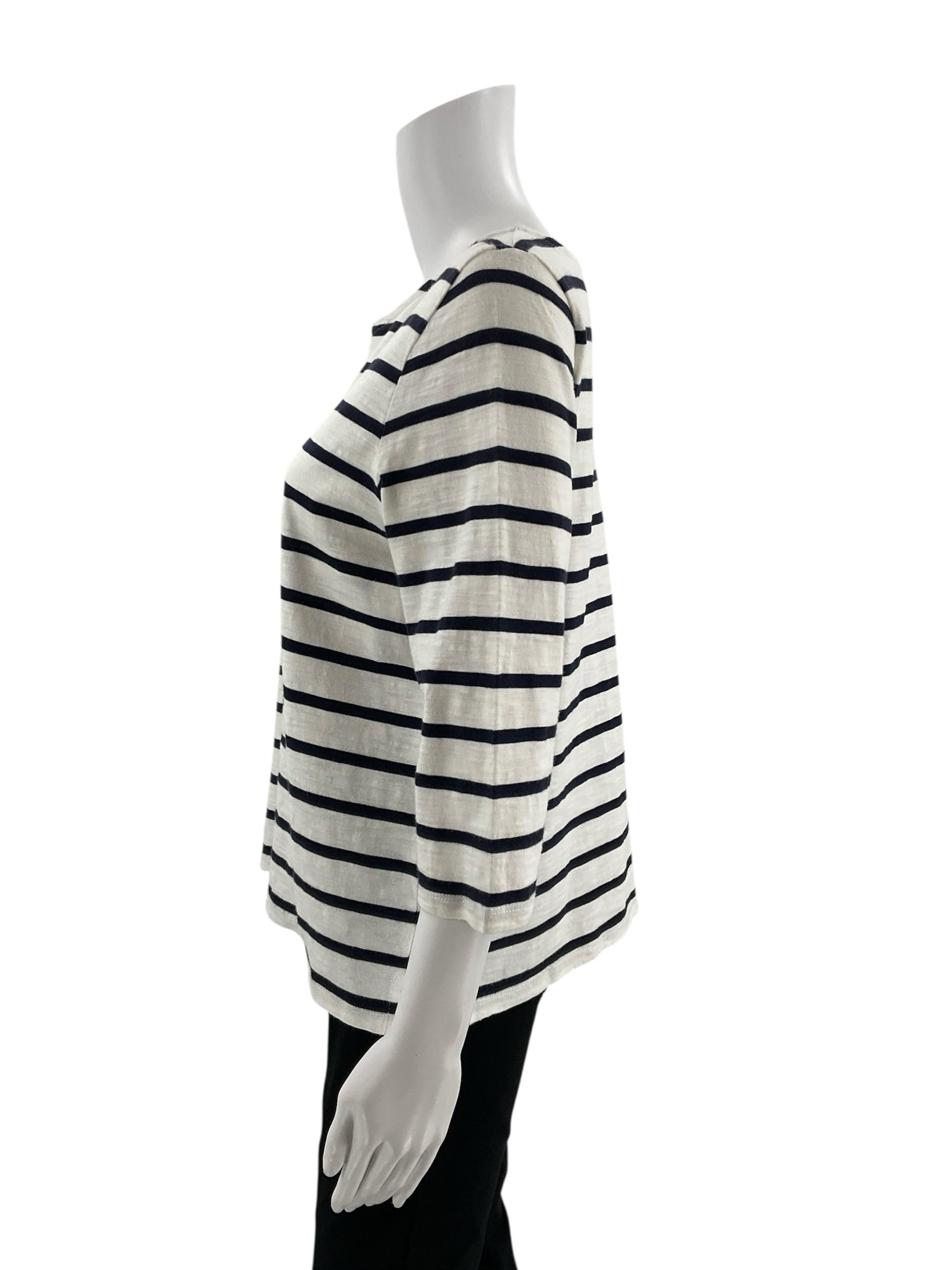 Talbots white and navy stripe boatneck top for ladies, size large petite, featuring a classic nautical design.