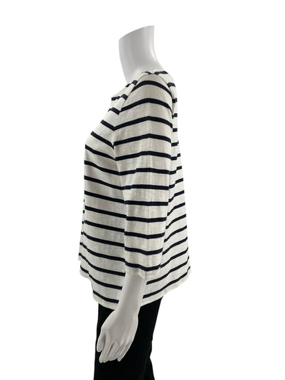 Talbots white and navy stripe boatneck top for ladies, size large petite, featuring a classic nautical design.