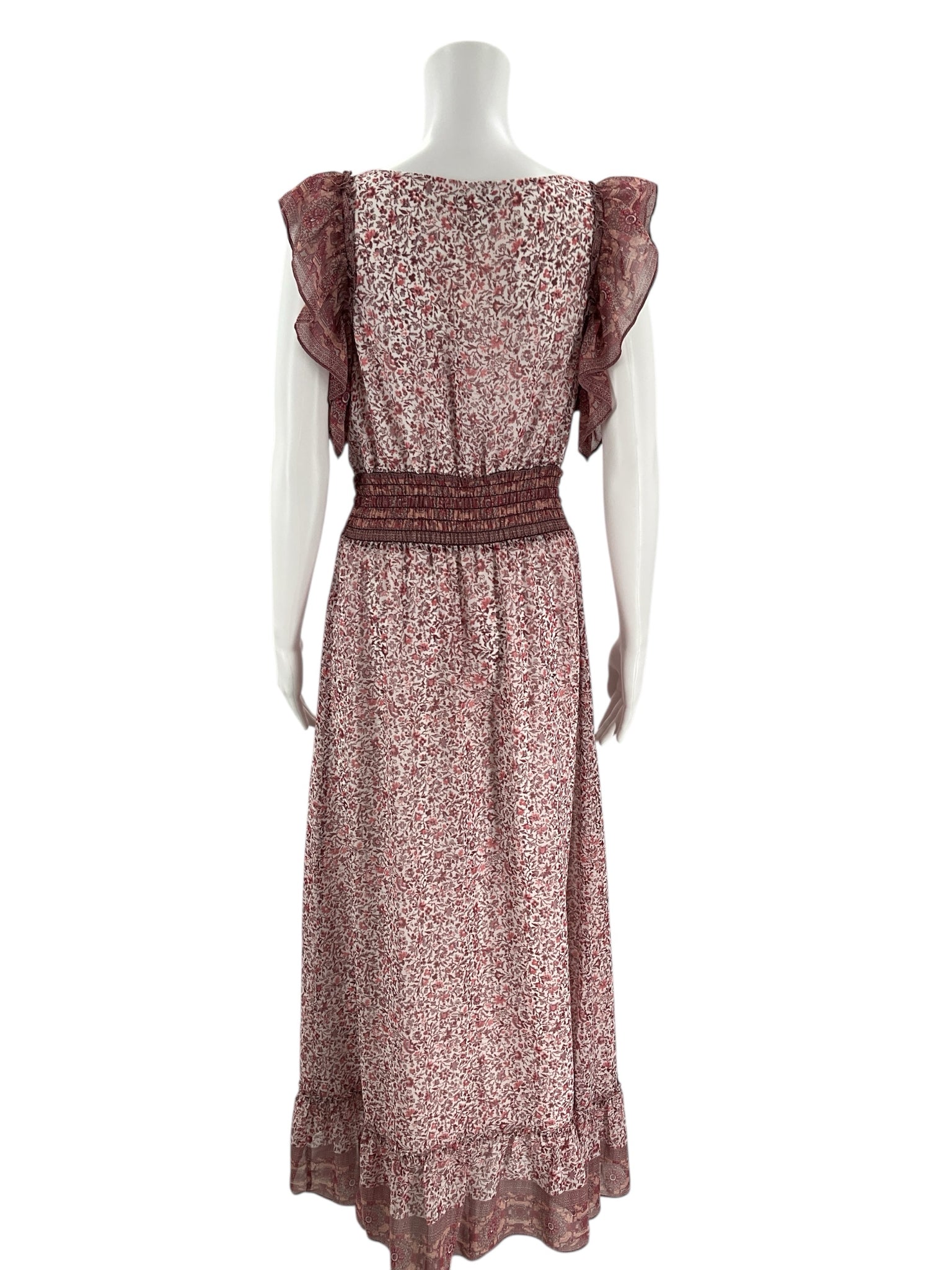 Back view of Ella Moon Mauve/White Floral Maxi Dress - Size Large showing smocked waist and flowy floral fabric. Gently used spring style.