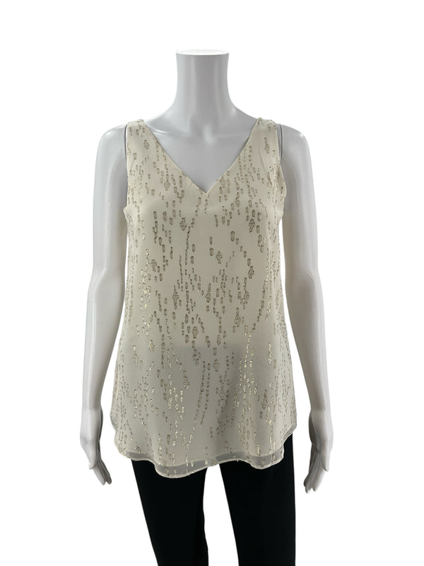Lilly Pulitzer cream and gold sparkle v-neck cami top on mannequin, sleeveless silk blend in size XS, perfect for holiday or evening wear.