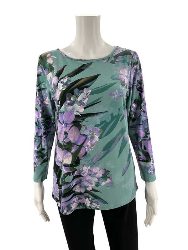 Front view of Bob Mackie Green/Purple Floral Pre-Owned Ladies Top - Size XS, featuring a silky knit fabric and vibrant palm floral design.