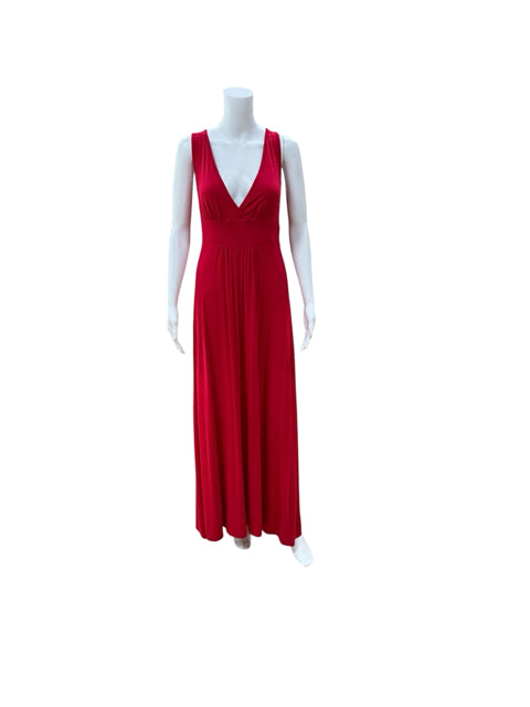 Loveappella Red V-Neck Empire Waist Maxi Dress | Size Petite Medium | Pre-Owned - ONLINE ONLY