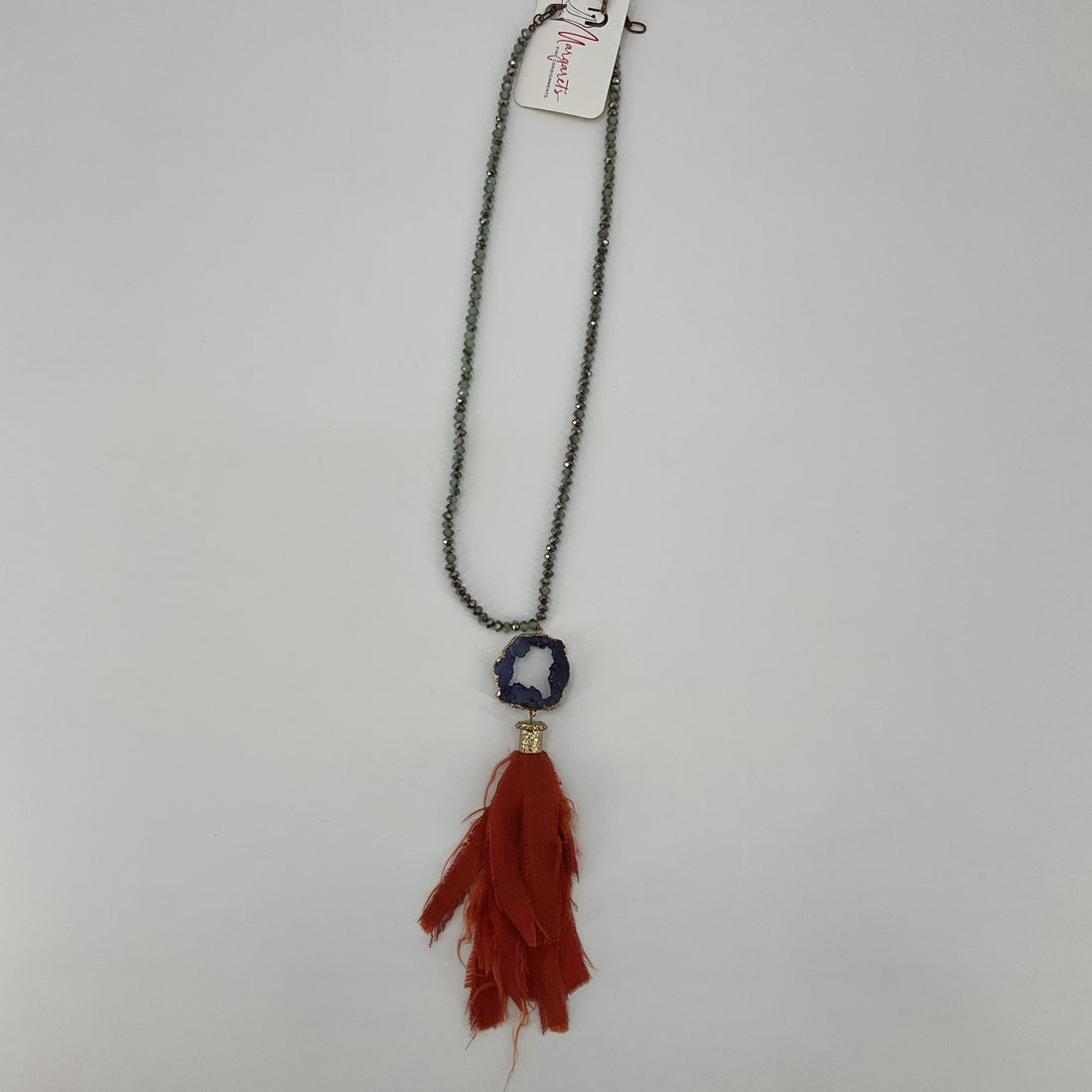 Morganite Druzy Agate Geode &amp; Silk Tassel Statement Necklace Green Blue Orange