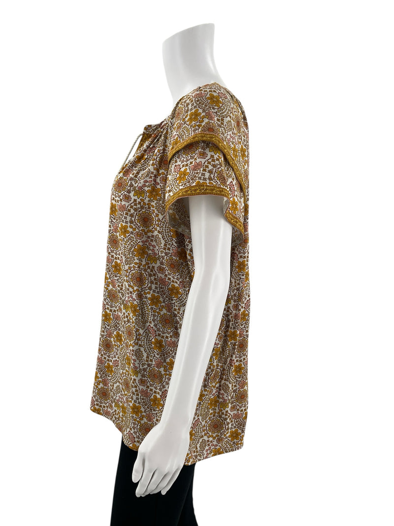 DR2 Mustard/Cream Floral Pre-Owned Ladies Top - Size Large - Margaret’s Fine Consignment