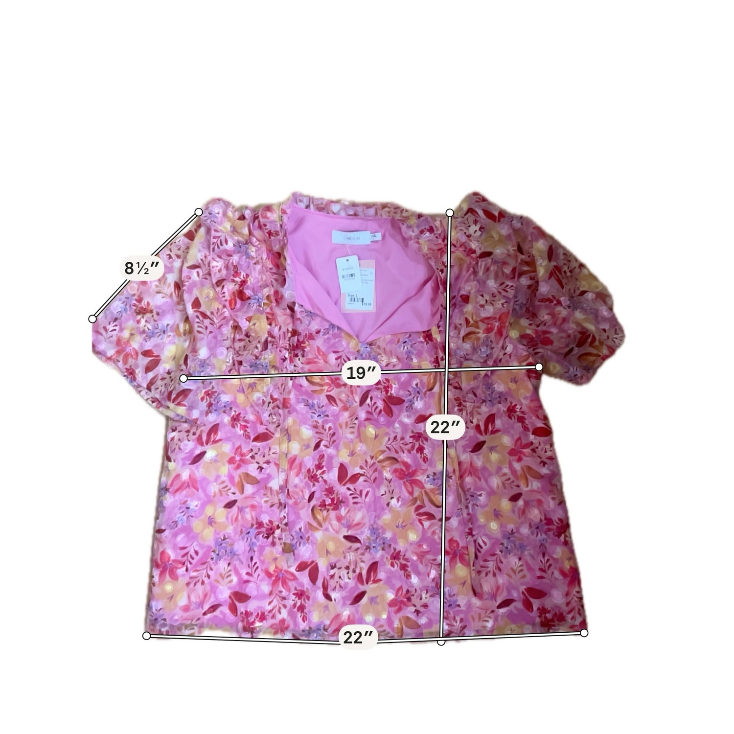 Greylin pink/multi Short Sleeve Adela Ruffle Trim Floral Blouse Pink Metallic NWT Size Large - Size L