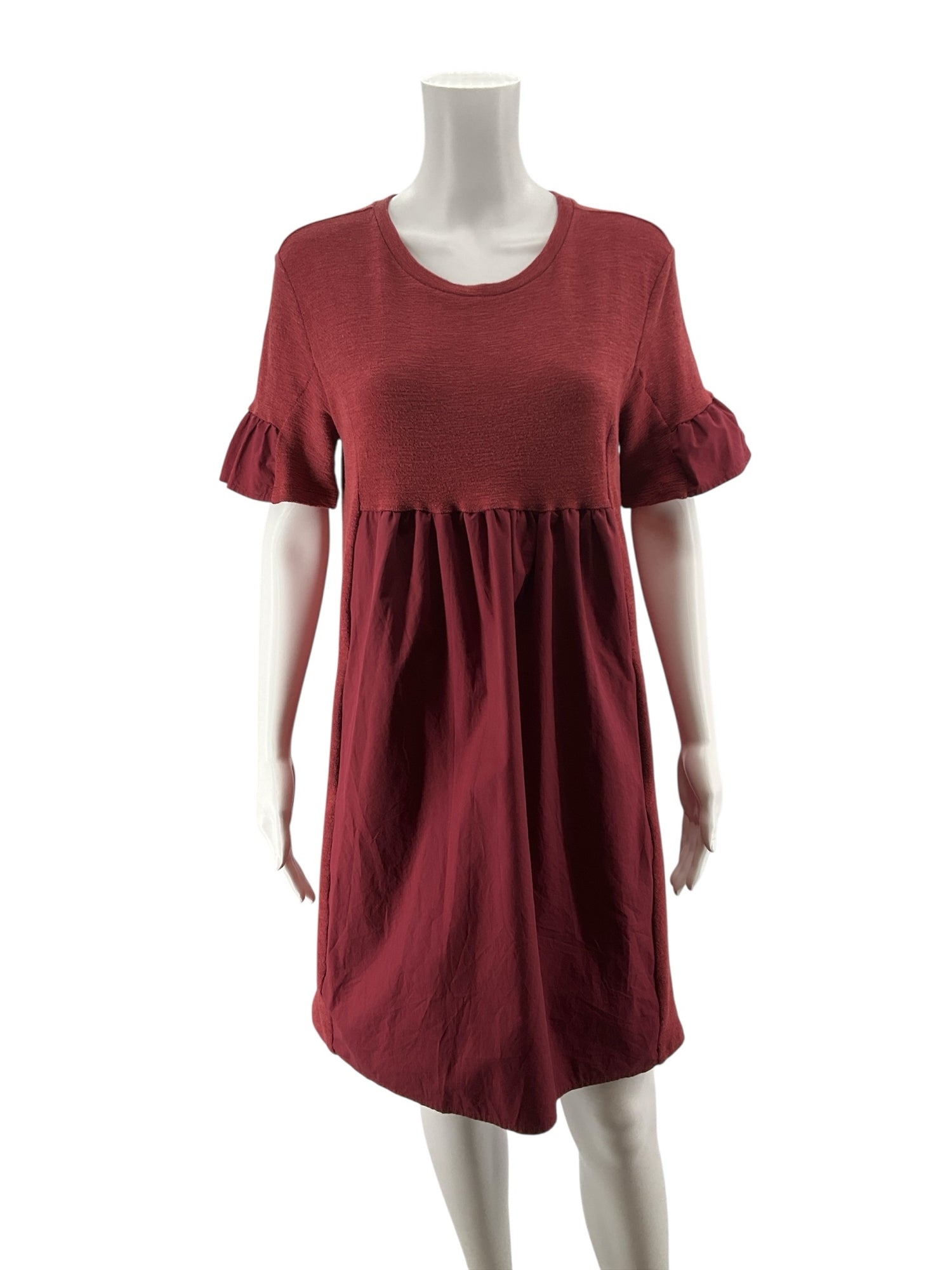 English Factory Brick Red Textured Babydoll Ruffle Sleeve Mini Dress