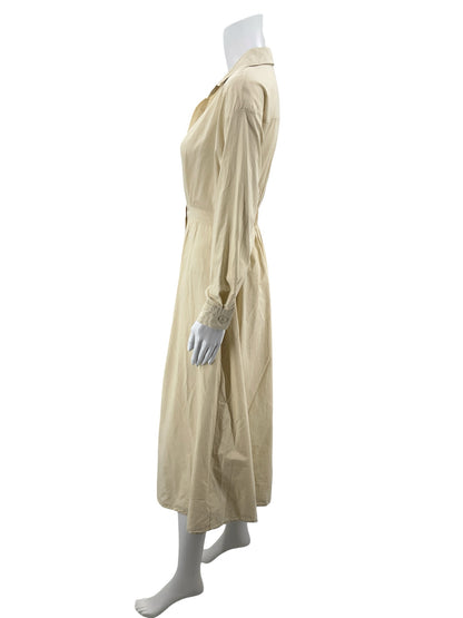 Cream Cotton Long Sleeve Belted Midi Shirt Dress Size Small