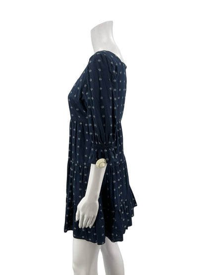 Madewell navy/white Babydoll Smocked-Cuff Tiered Mini Dress Navy Diamond Print Cotton Size 2 - Size 2