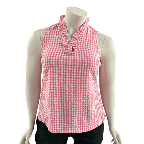Crown & Ivy Checkered Top XL in white and pink with ruffled neckline, sleeveless design, gently worn for casual summer wear.