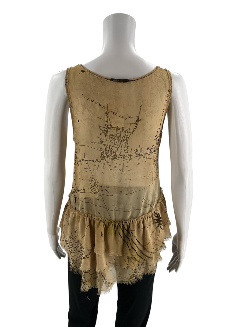 Back view of Rachel Roy Tan Pre-Owned Ladies Top - Size Small with detailed cartography print and sheer fabric texture.