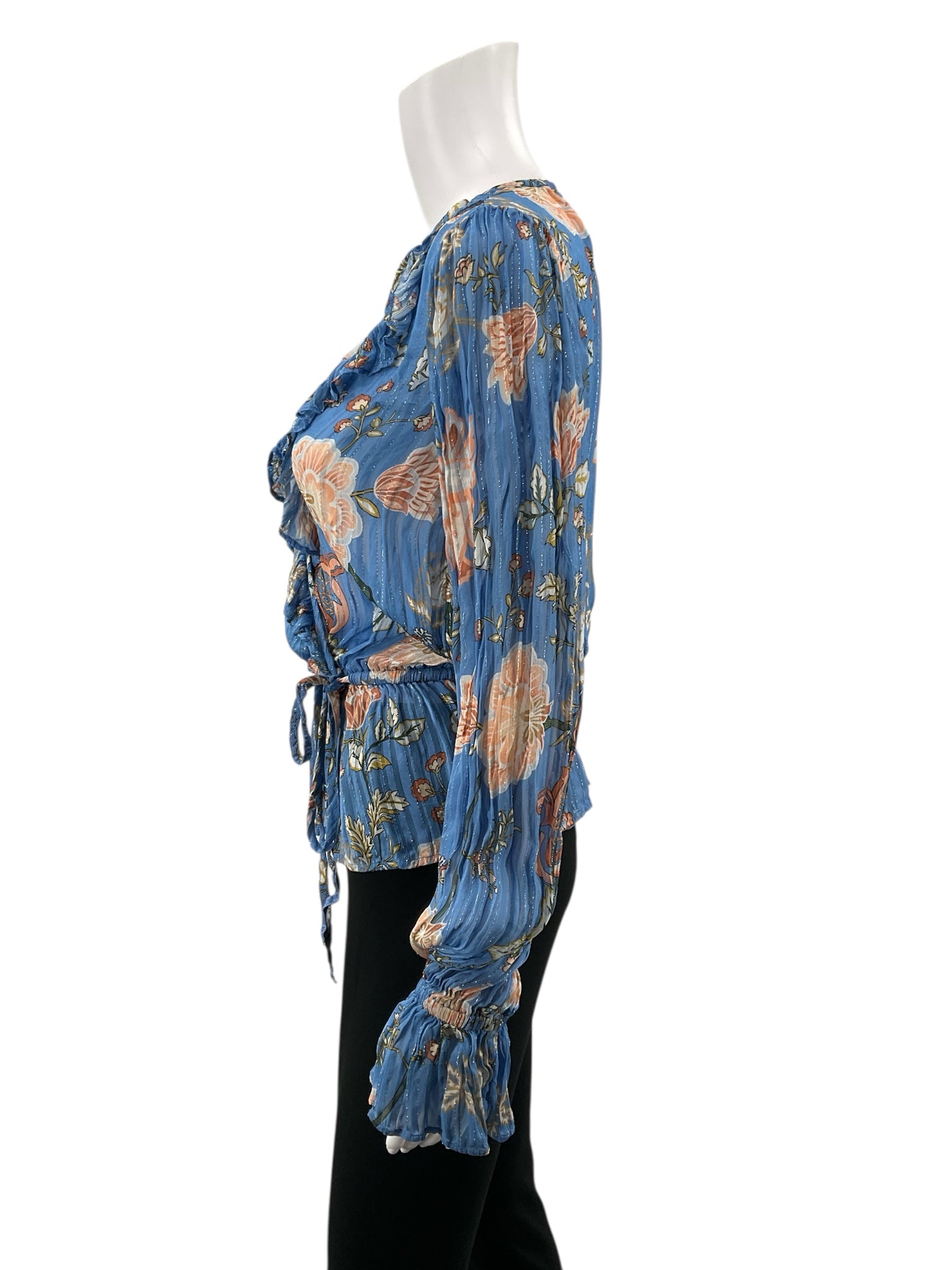 Ramy Brook blue/blush Long Sleeve Maris Floral Lurex Wrap Top Blue Blush Bishop Sleeve Blouse S/M - Size S/M