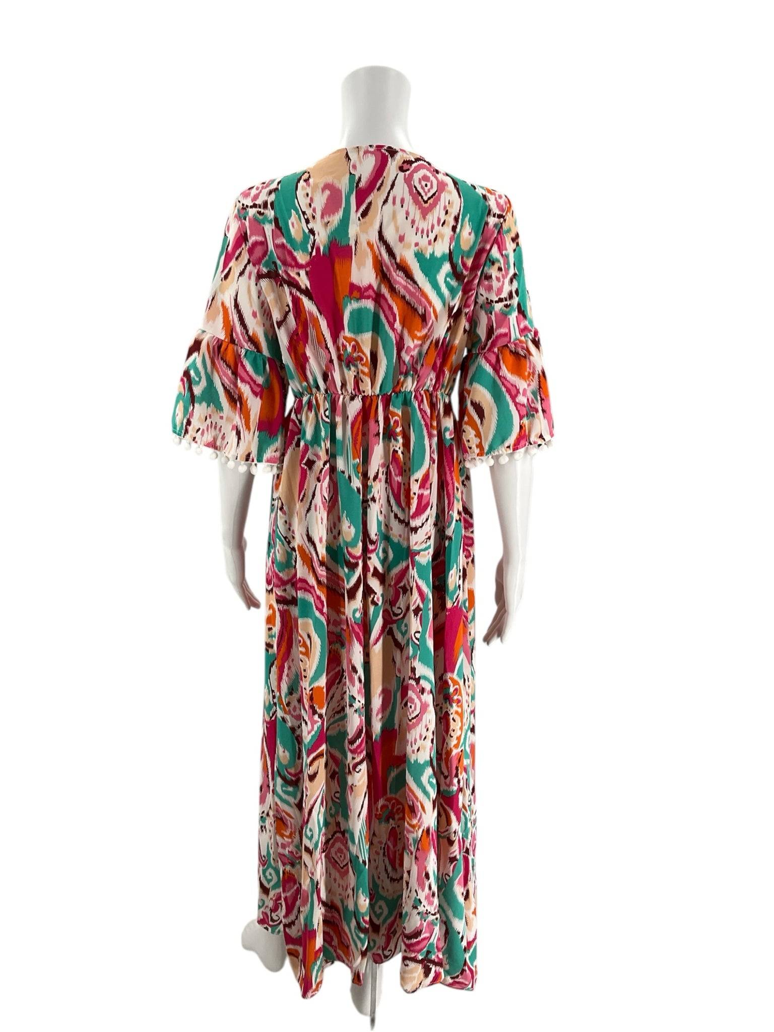 Back view of Maxi Dress Medium-Colorful Sustainable featuring flowing multi-color print and elastic waist, perfect for sustainable fashion lovers.