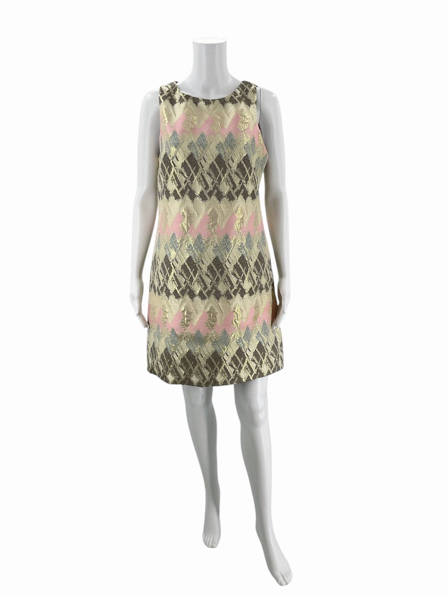 Vince Camuto Dress - Sparkle Mini Dress | Subtle Elegance in cream, pink, and blue with a crew neck and sleeveless cut, size 8, front view.