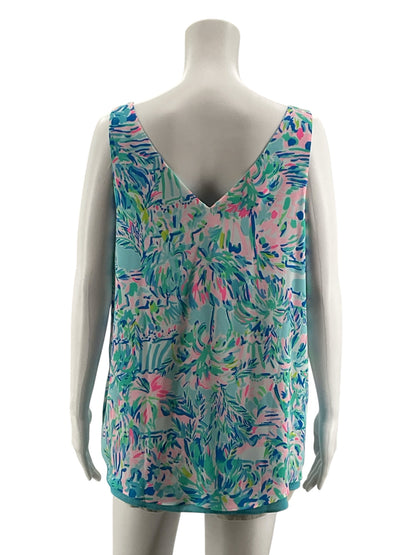Lilly Pulitzer Florin Reversible V-Neck Tank Top Floral Aqua Pink Size Large
