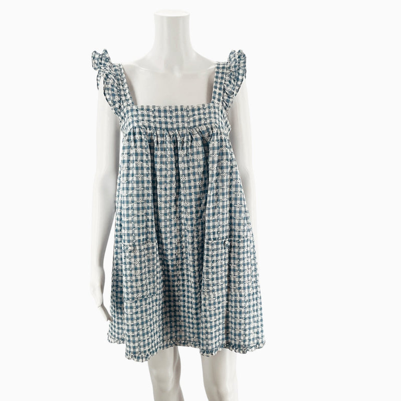 Storia White Blue Checkered Puff Sleeve Dress – Size Small, Excellent Pre-Owned - Margaret’s Fine Consignment