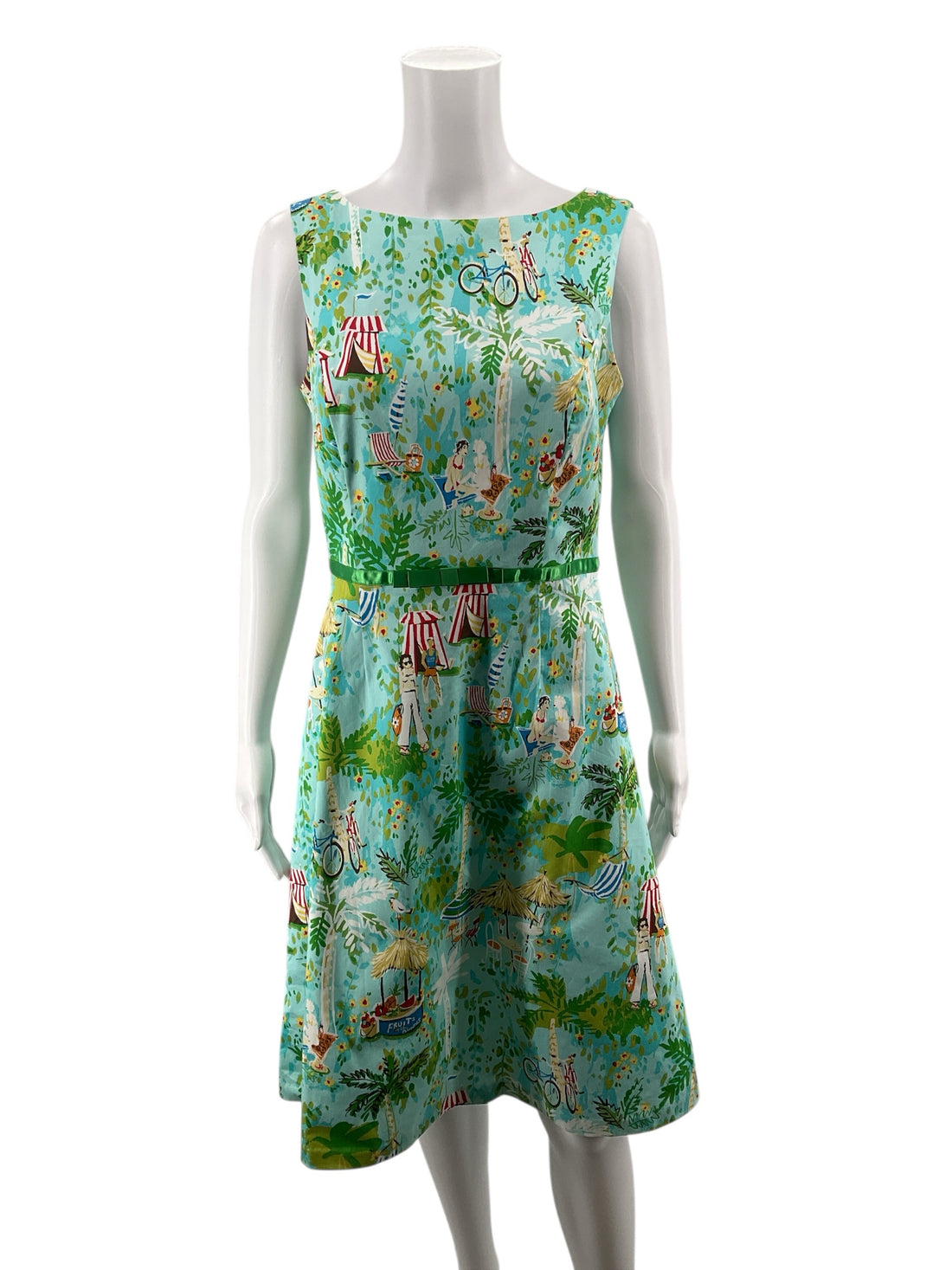 Sangria aqua/tan/ white Fit and Flare Aqua/Tan/White Tropical Pre-Owned Ladies Dress - Size 8 - Size 8