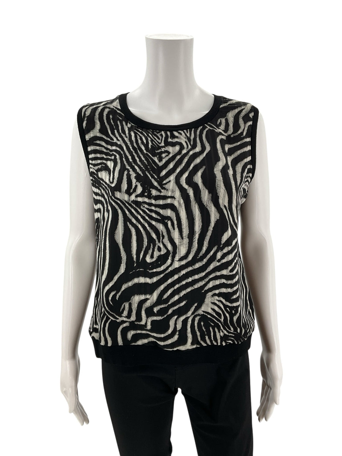 Sleeveless gray and black animal print blouse by Jones New York Collection Petite, featuring a knit back, size large petite.