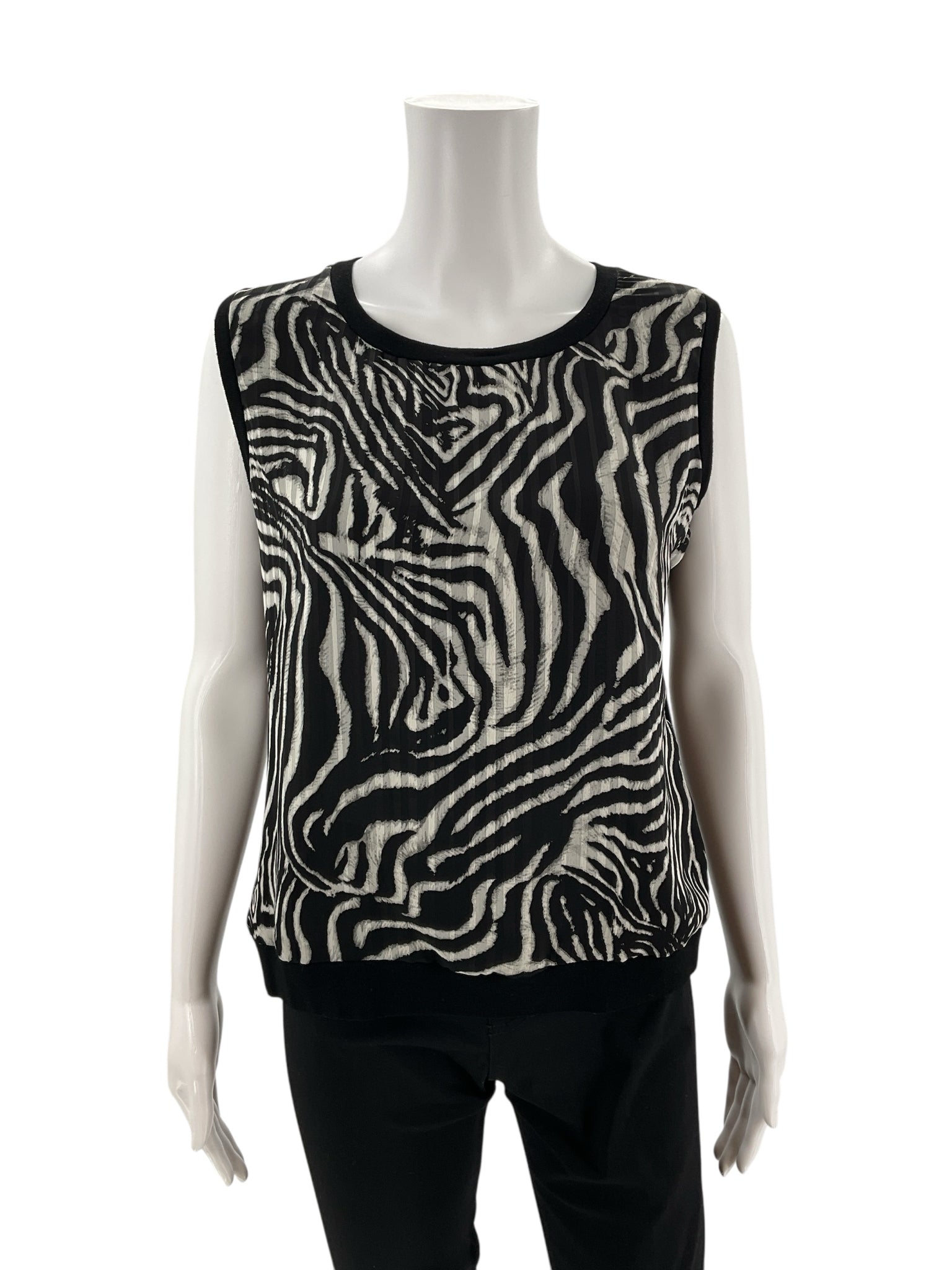 Sleeveless gray and black animal print blouse by Jones New York Collection Petite, featuring a knit back, size large petite.