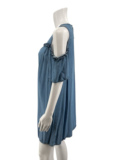 LC Lauren Conrad Blue Shift Chambray Ruffle Cold-Shoulder Dress Size Small - Size S