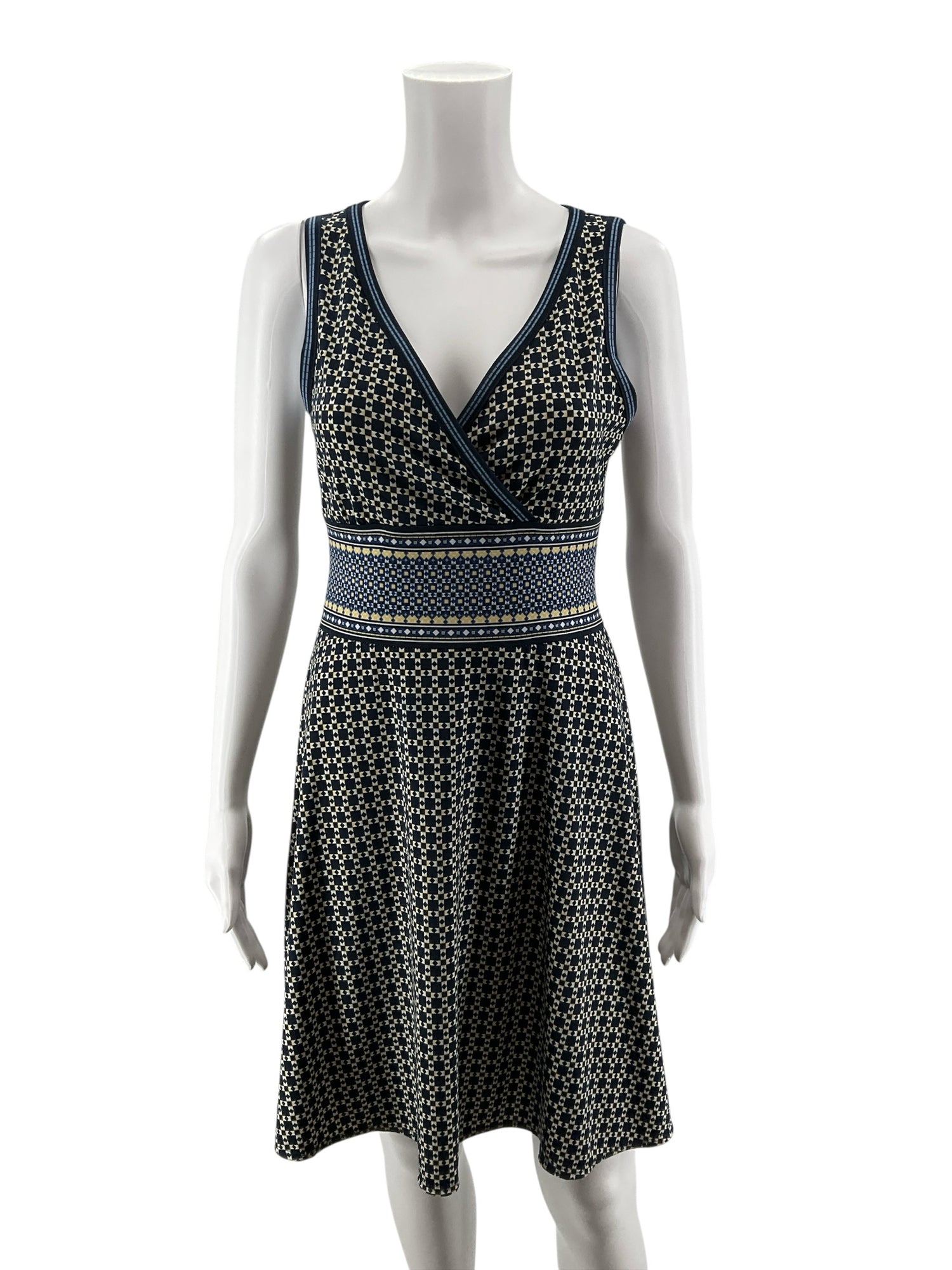 NIC + ZOE Navy Mosaic Print Surplice Fit &amp;amp; Flare Knit Dress Size Small