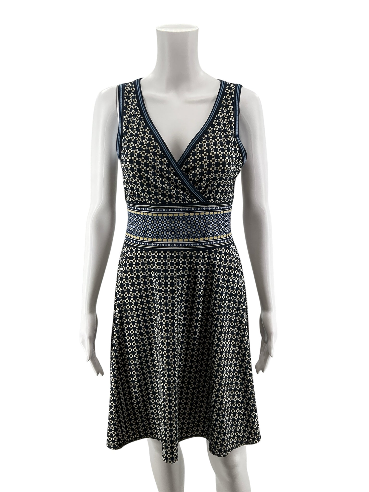 NIC + ZOE Navy Mosaic Print Surplice Fit &amp;amp; Flare Knit Dress Size Small
