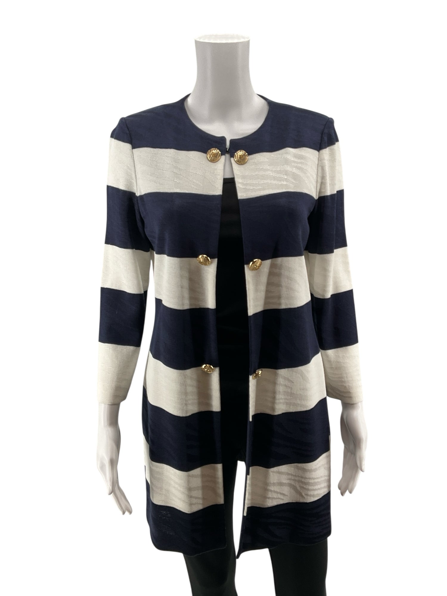 Ming Wang Striped Knit Topper Jacket Cardigan Navy White Gold Button Size XS