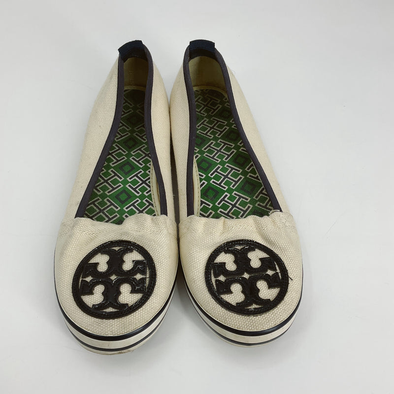 Tory Burch Cream/Navy Logo Pre-Owned Ladies Flats - Size 6 - Margaret’s Fine Consignment