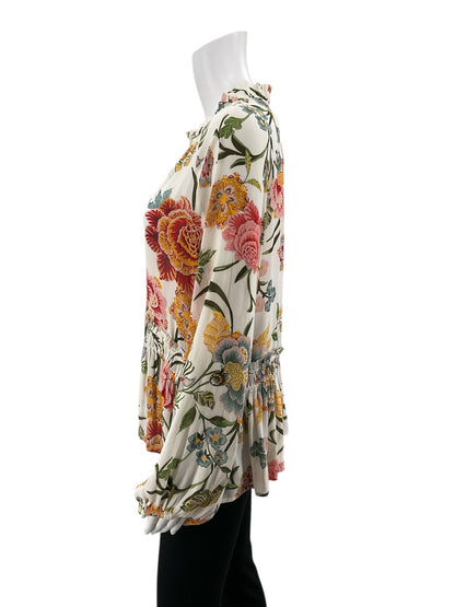 LOFT White/multi Long Sleeve Floral Smocked Tie-Neck Peplum Blouse Size Medium - Size M