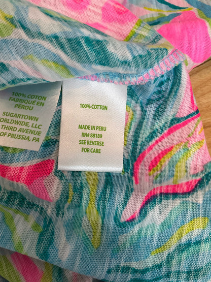 Lilly Pulitzer Michele V-Neck Top Chin Chin Floral Print Pink Turquoise Size Large