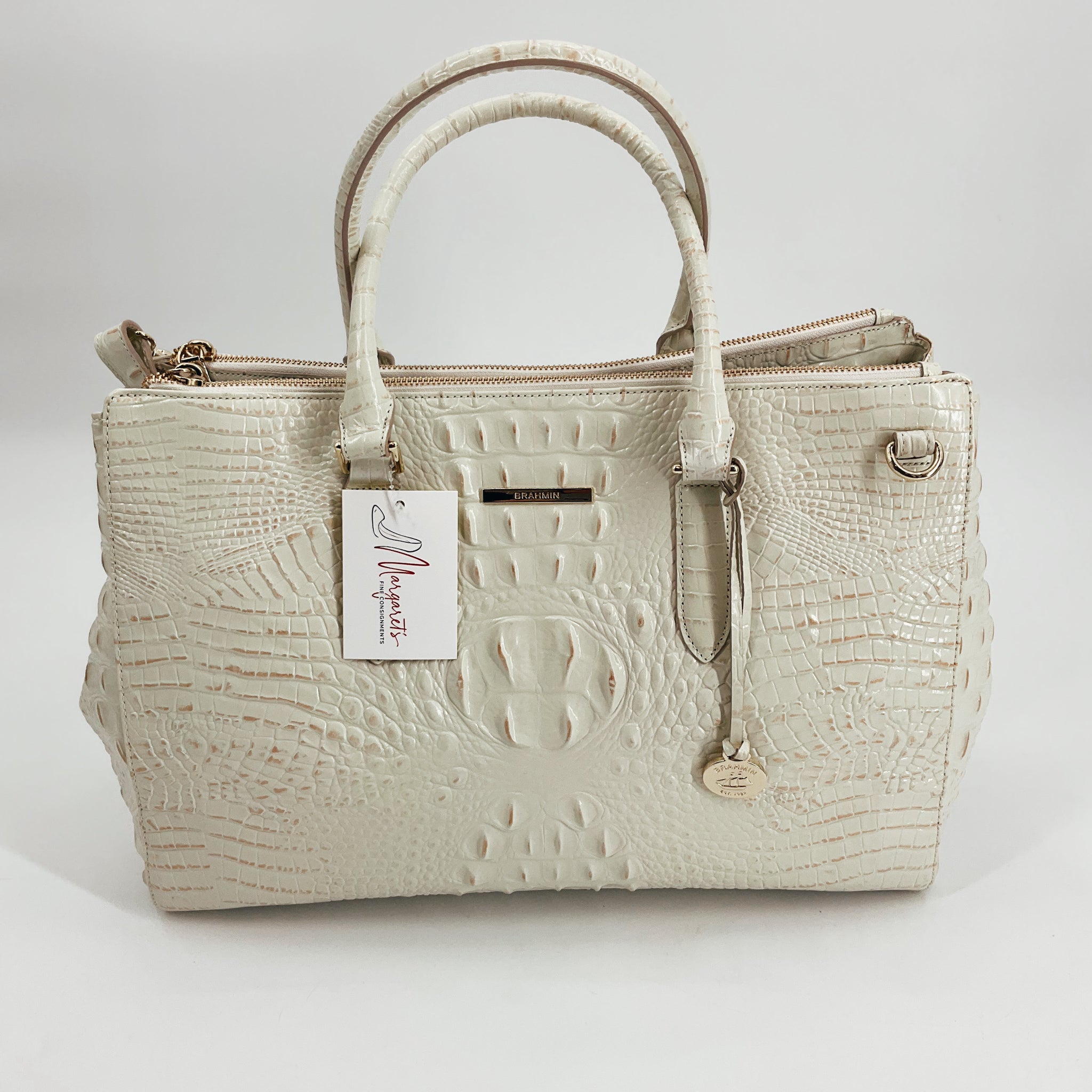 Brahmin Cream Crocodile Purse, Luxury Designer Bag with textured leather and gold-tone hardware. Timeless elegance for upscale fashion lovers.