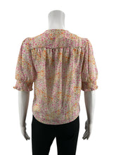 Tamara H. by Tahari white/pink/orange/green/gold Short Sleeve Petite Floral Tie-Front Puff Sleeve Blouse Gold Thread XS - Size XS