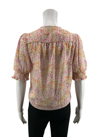 Tamara H. by Tahari white/pink/orange/green/gold Short Sleeve Petite Floral Tie-Front Puff Sleeve Blouse Gold Thread XS - Size XS