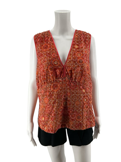 Etcetera Silk Blend Mosaic Print Tassel Tie V-Neck Tank Top Size 16